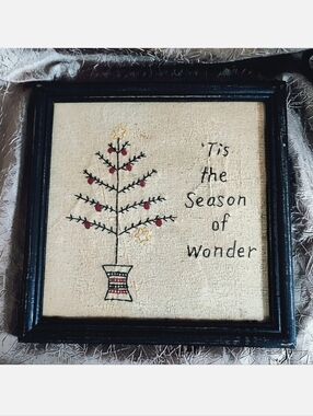 Christmas Picture Tis The Season of Wonder Embroidery Embroidered Vintage Framed